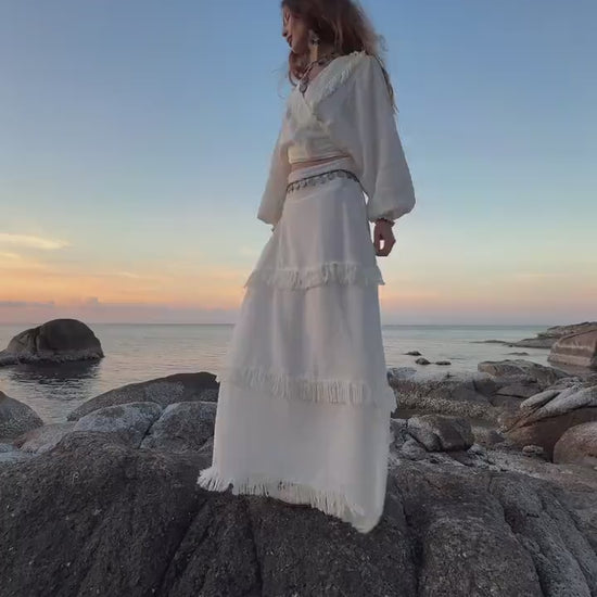 White Linen Maxi Skirt: Organic Cotton Blend, Handmade Fringe