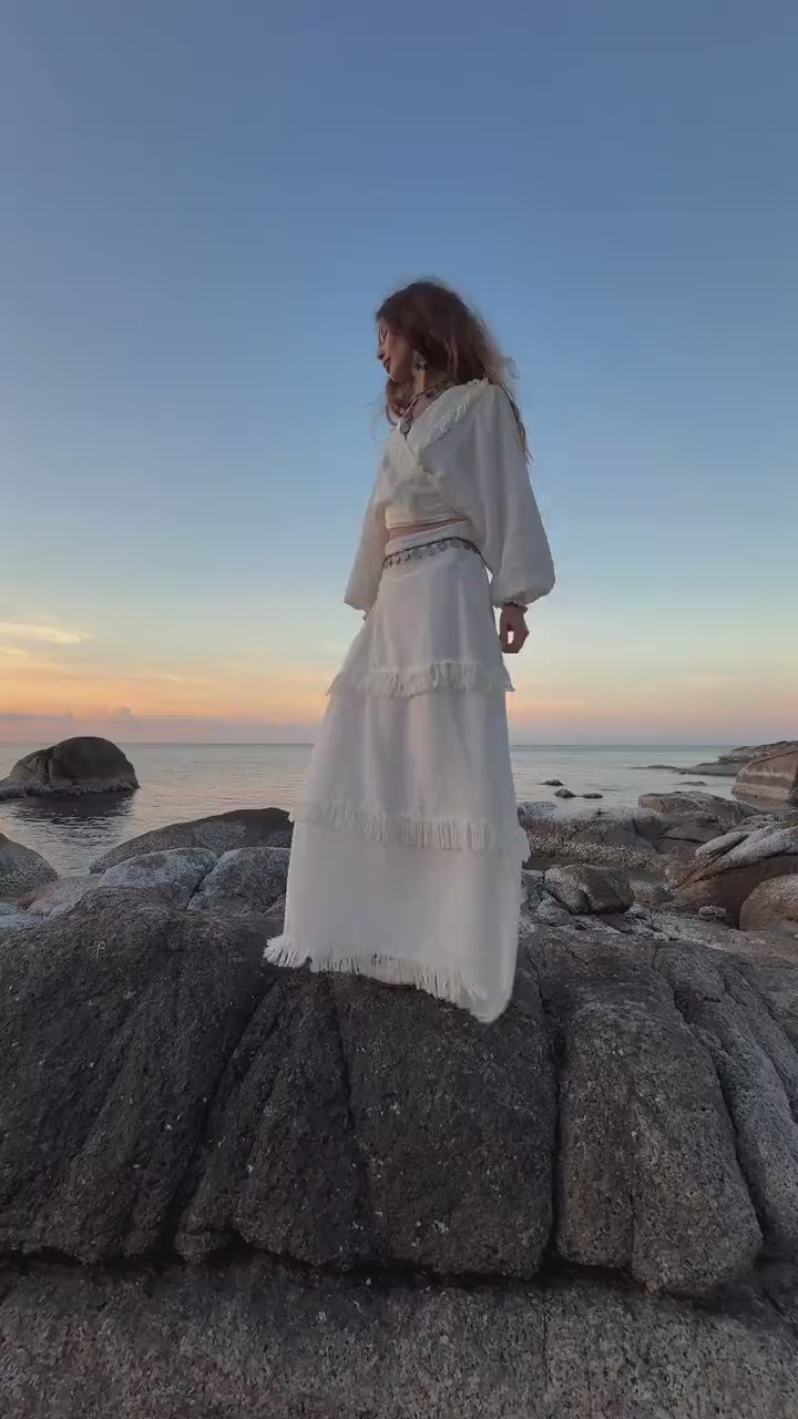 White Linen Maxi Skirt: Organic Cotton Blend, Handmade Fringe