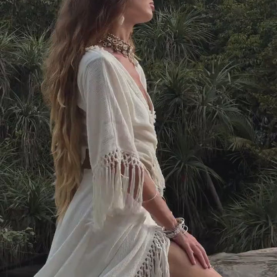WHITE BOHO DRESS ꧁Kayame꧂ Fringe wedding dress • White maxi d