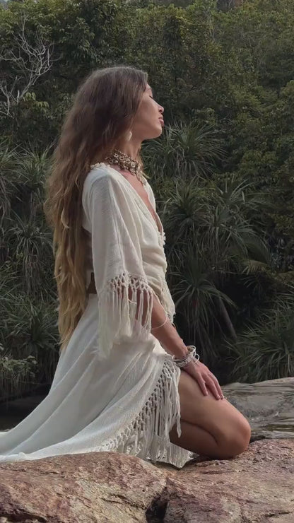 WHITE BOHO DRESS ꧁Kayame꧂ Fringe wedding dress • White maxi d