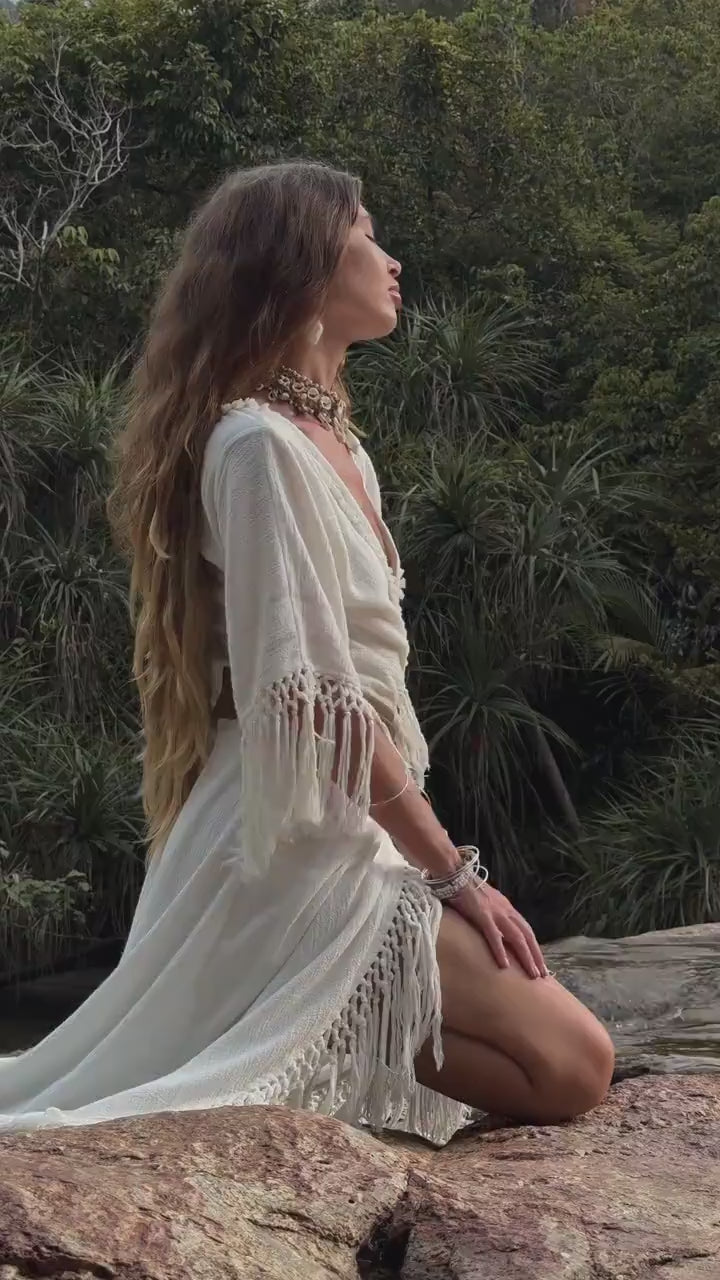 WHITE BOHO DRESS ꧁Kayame꧂ Fringe wedding dress • White maxi d