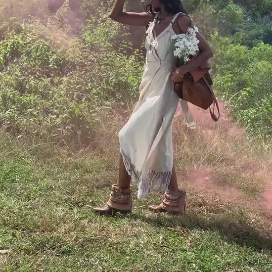 Boho Linen Wrap Dress: White Fringed Bohemian Dress