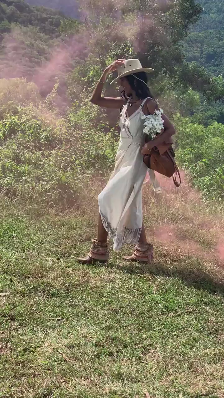 Boho Linen Wrap Dress: White Fringed Bohemian Dress