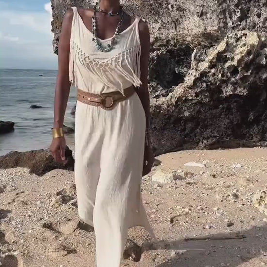 White Fringe Maxi Dress: Organic Cotton Boho Goddess Gown