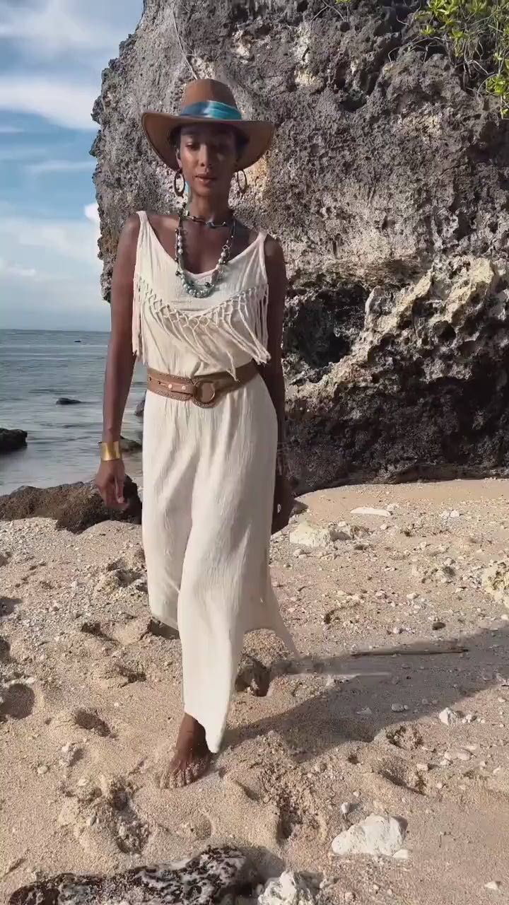 White Fringe Maxi Dress: Organic Cotton Boho Goddess Gown