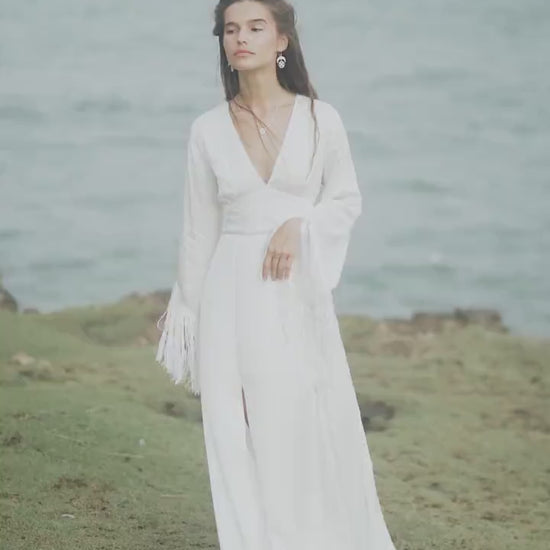 Boho Silk Wedding Dress • Fringe Sleeve Backless Gown • Bohem