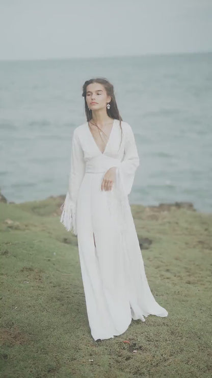 Boho Silk Wedding Dress • Fringe Sleeve Backless Gown • Bohem