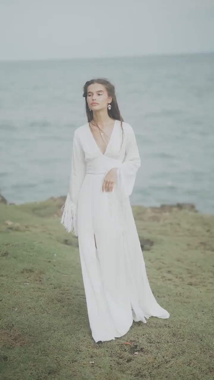 Boho Silk Wedding Dress • Fringe Sleeve Backless Gown • Bohem