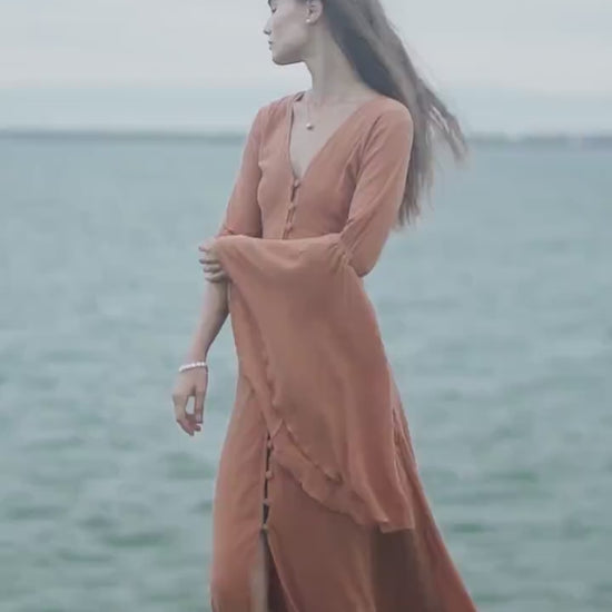 Burnt Orange Bell Sleeve Maxi Dress • Handmade Organic Cotton