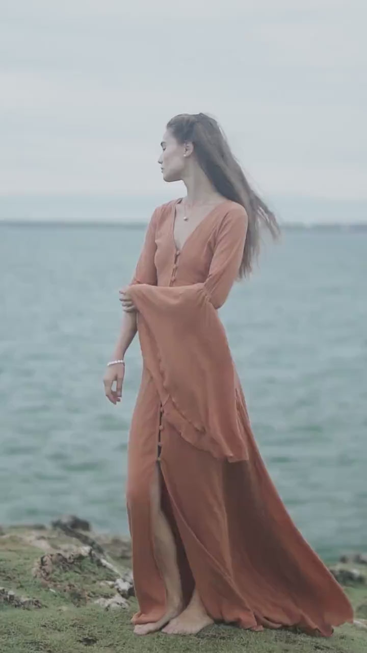 Burnt Orange Bell Sleeve Maxi Dress • Handmade Organic Cotton