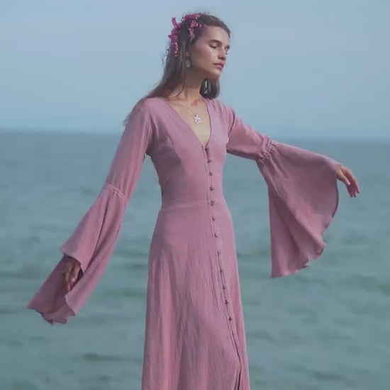 Dusty Pink Elven Dress • Bell Sleeve Boho Fairy Gown • Organi