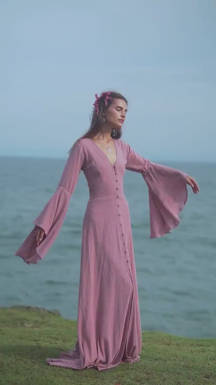 Dusty Pink Elven Dress • Bell Sleeve Boho Fairy Gown • Organi