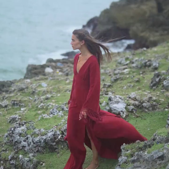 RED GODDESS DRESS • Backless boho maxi dress  • Deep V Priest