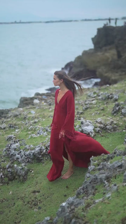 RED GODDESS DRESS • Backless boho maxi dress  • Deep V Priest