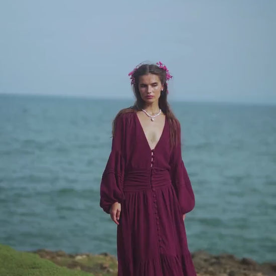 Burgundy Puff Sleeve Maxi Dress • Handmade Organic Cotton Gau