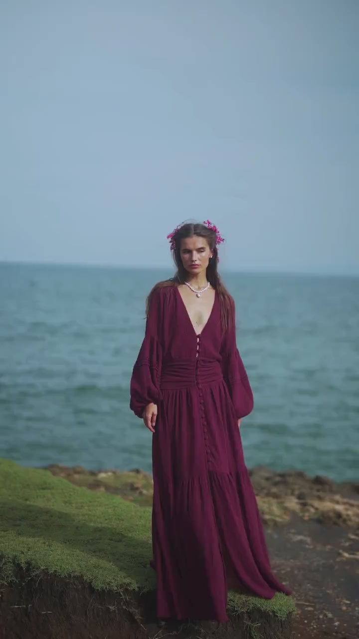 Burgundy Puff Sleeve Maxi Dress • Handmade Organic Cotton Gau