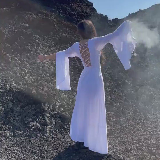 WHITE ELVEN DRESS ꧁Kayame꧂ • Organic Cotton Gauze, Bell Sleev