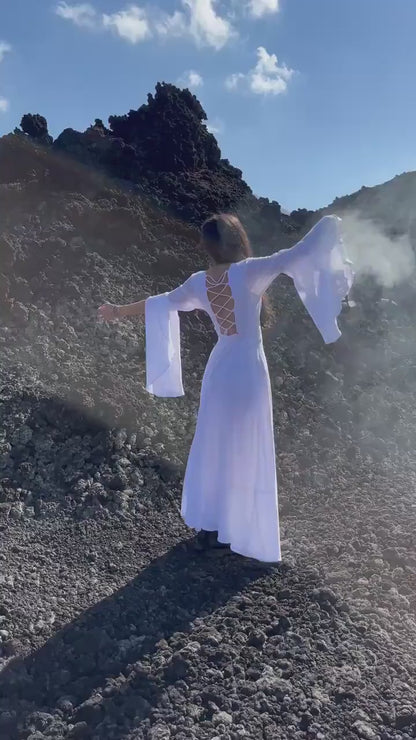 WHITE ELVEN DRESS ꧁Kayame꧂ • Organic Cotton Gauze, Bell Sleev