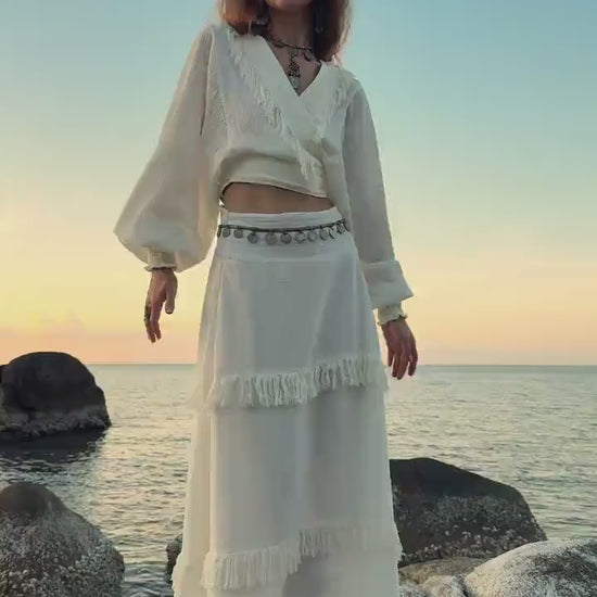 White Linen Fringe Set: Boho Wrap Top & Maxi Skirt
