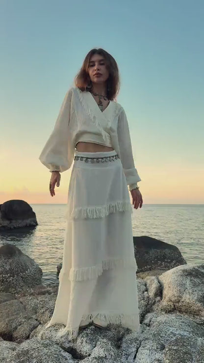 White Linen Fringe Set: Boho Wrap Top & Maxi Skirt