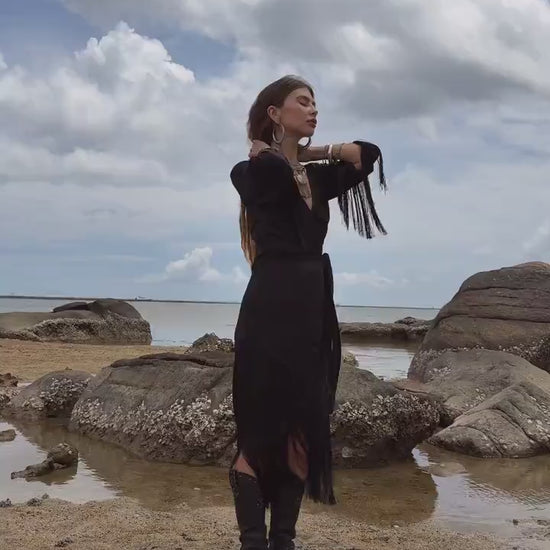 Black Silk Wrap Dress: Bohemian Goddess Gown with Fringe