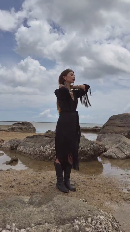 Black Silk Wrap Dress: Bohemian Goddess Gown with Fringe