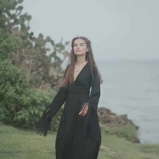 Black Silk Maxi Dress ꧁Kayame꧂ • Fringe Sleeve Open Back Boho