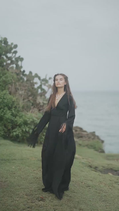 Black Silk Maxi Dress ꧁Kayame꧂ • Fringe Sleeve Open Back Boho