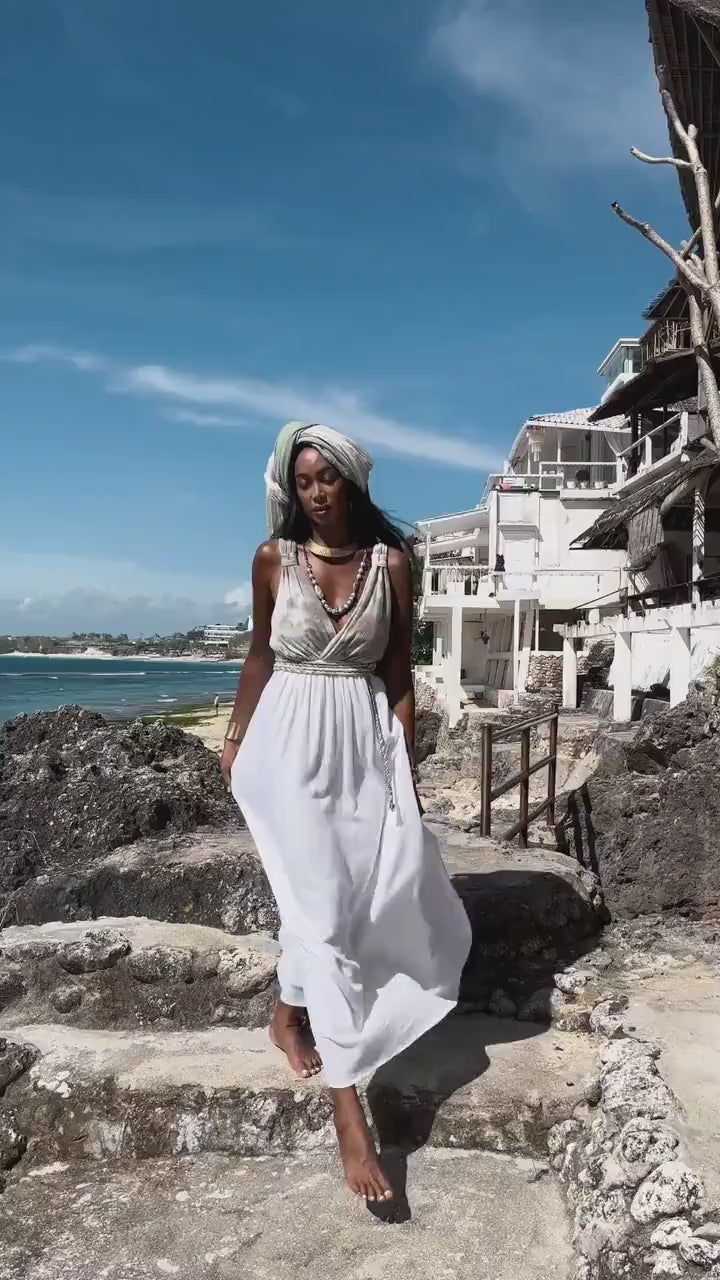 Tie Dye Sage Green Maxi Dress: Backless Cotton Gauze Grecian 