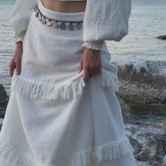 Handmade Linen Wrap Blouse: White Boho Top with Embroidery