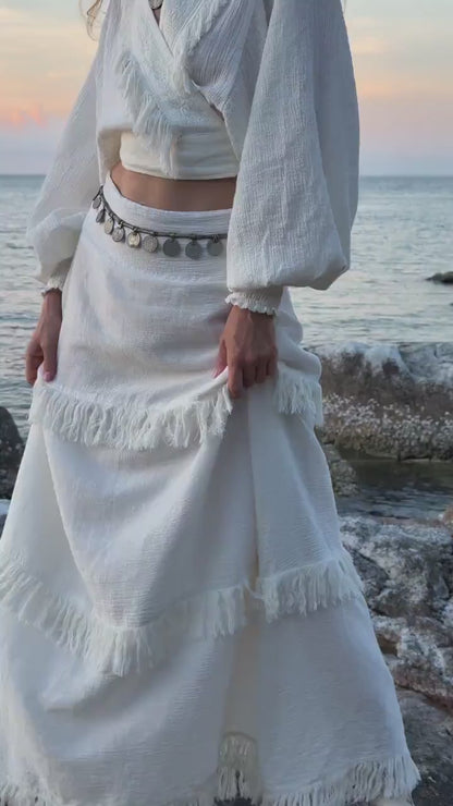 Handmade Linen Wrap Blouse: White Boho Top with Embroidery