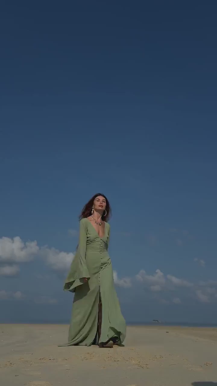 GREEN ELVEN DRESS • Goddess dress • Green boho dress • Mediev