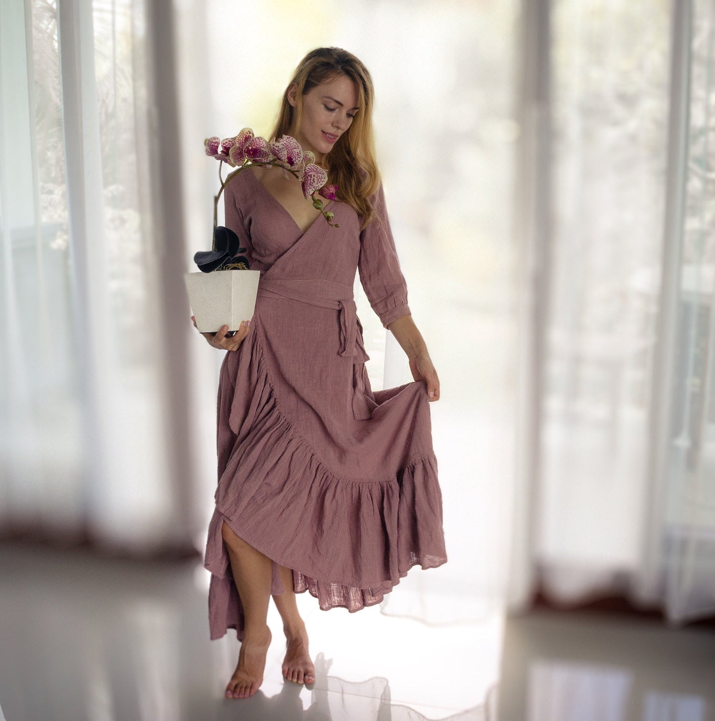 Goddess ruffle wrap dress | Dusty Rose