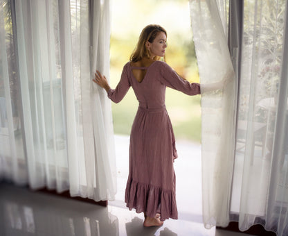 Dusty Rose Goddess Ruffle Wrap Dress