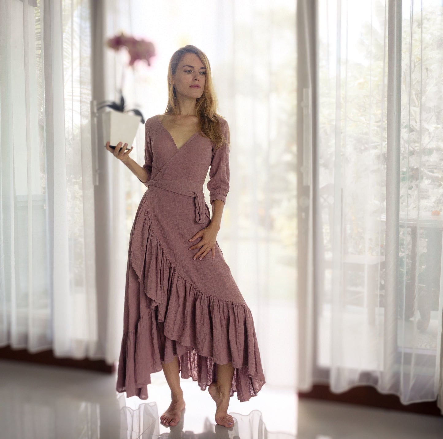 Goddess ruffle wrap dress | Dusty Rose