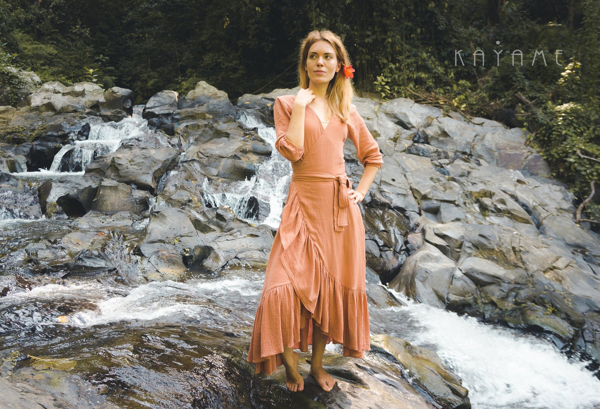 Burnt Orange Goddess Ruffle Wrap Dress