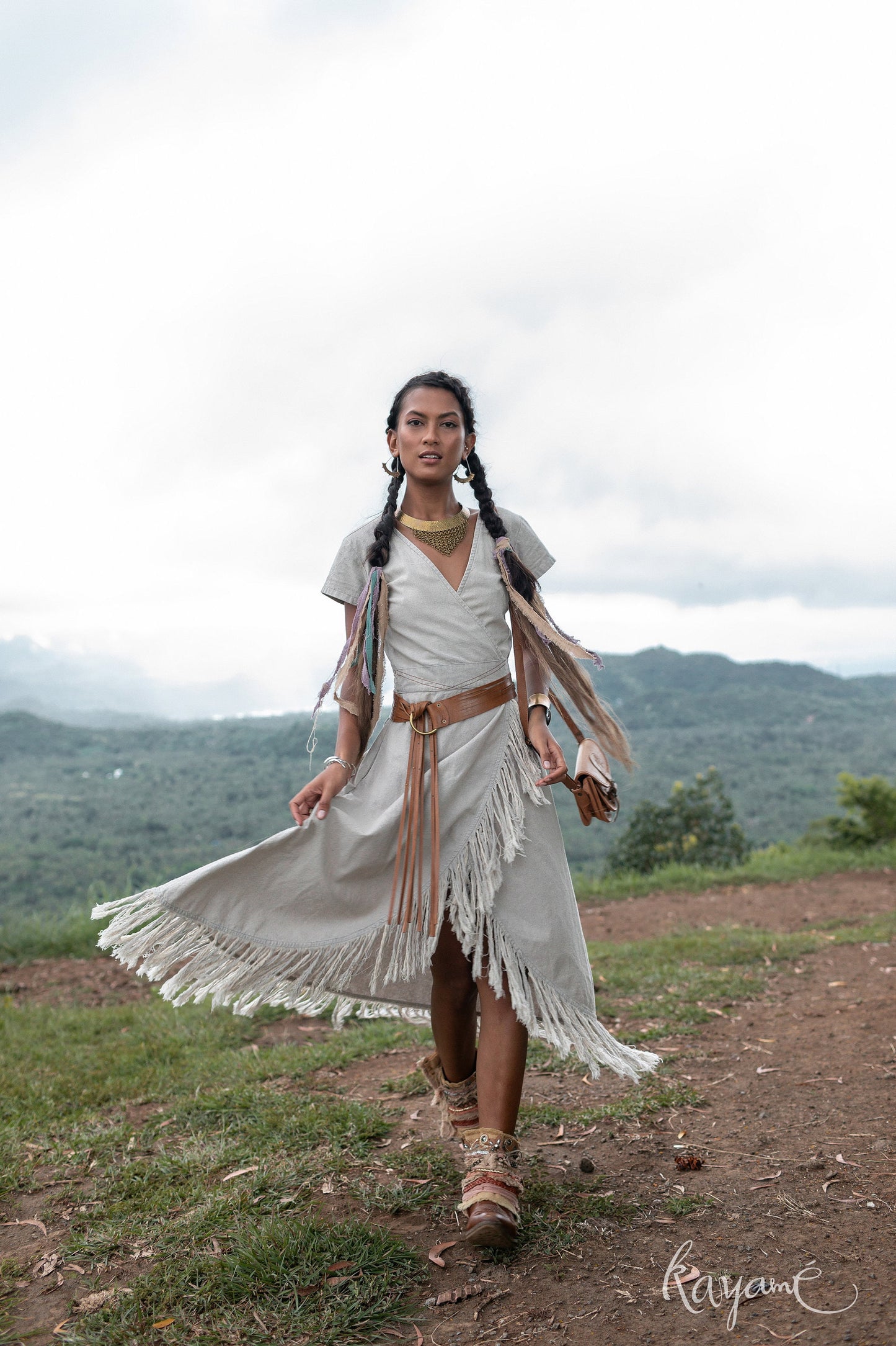 Wild at heart short sleeves wrap dress with tassels | Grey