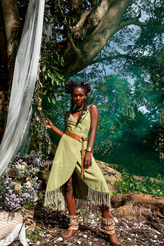 Olive green dress with tassels