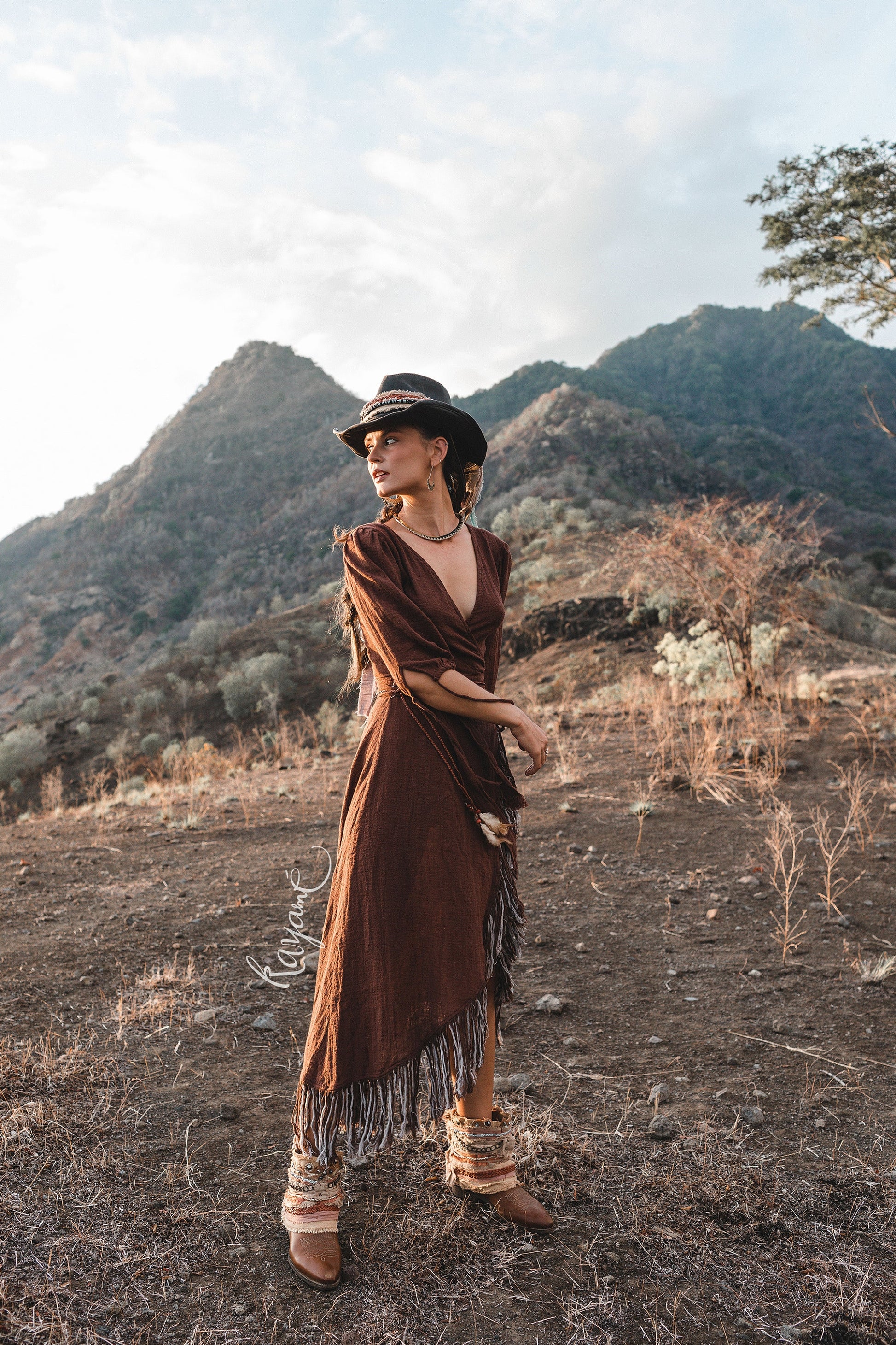 Wild at Heart Wrap Dress with Tassels | Earthy Brown