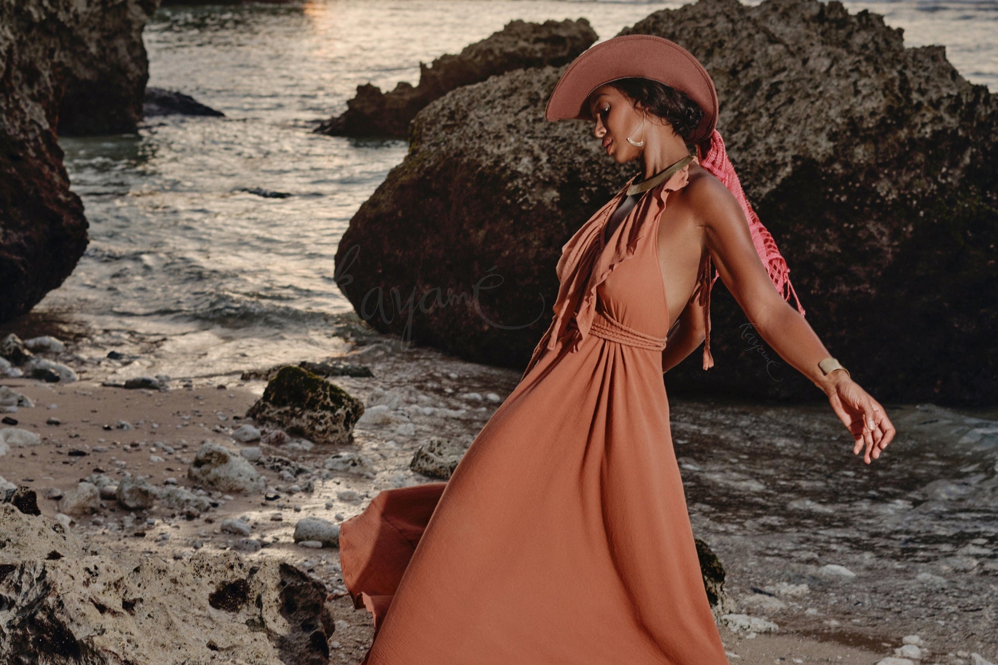 Burnt Orange Greek Goddess Halter Dress